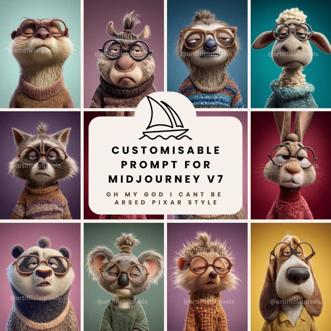 Midjourney AI prompt bundle for creating Pixar-style animal portraits with fed up expressions and oversized glasses
