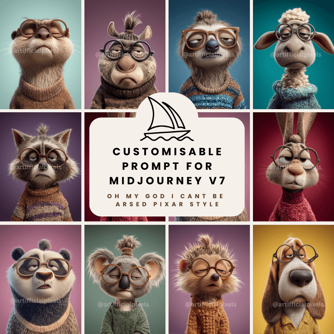 Midjourney AI prompt bundle for creating Pixar-style animal portraits with fed up expressions and oversized glasses