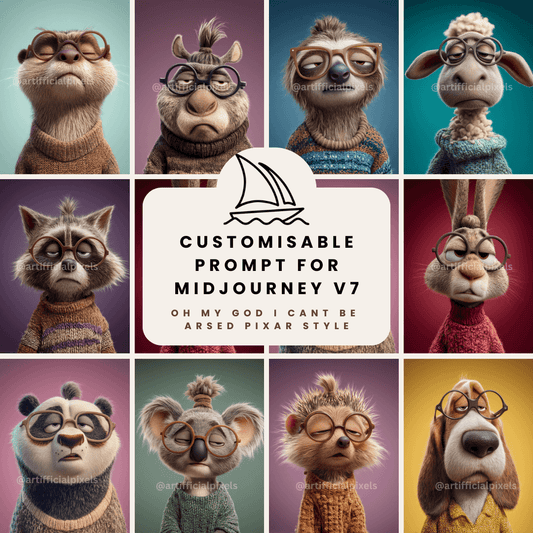 Midjourney AI prompt bundle for creating Pixar-style animal portraits with fed up expressions and oversized glasses