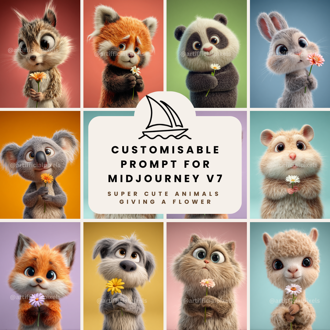 Midjourney prompt template for creating adorable Pixar-style AI generated animals with commercial rights