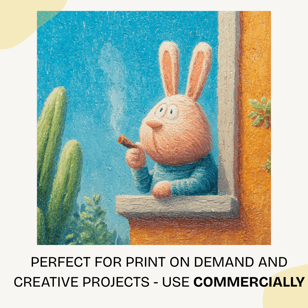 Illustration of a rabbit smoking a pipe with text about print-on-demand and creative projects.