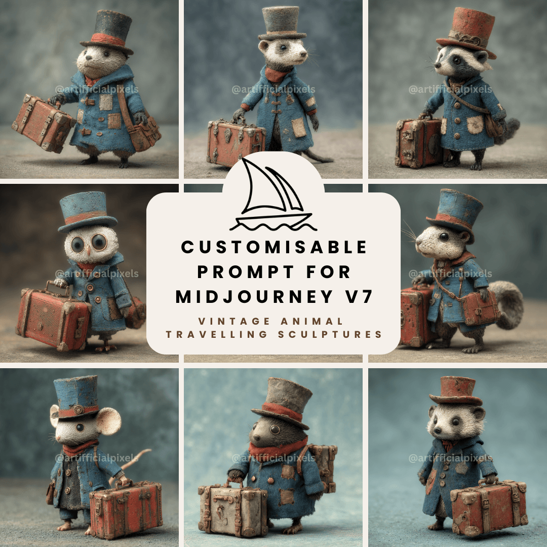Midjourney V7 prompt bundle for creating whimsical vintage animal sculptures with handcrafted 1940s aesthetic and commercial rights