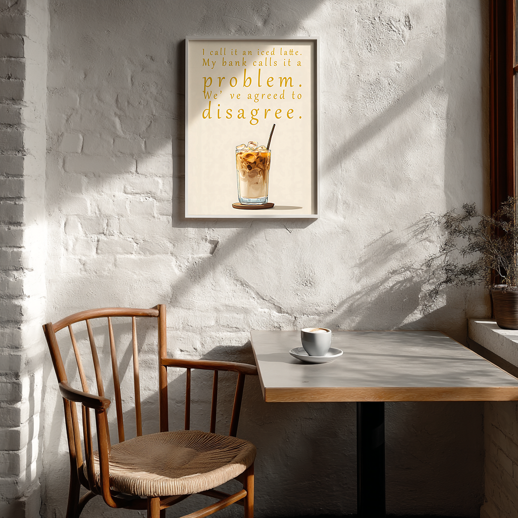 Minimalist coffee poster displayed in Scandinavian cafe interior setting with modern wall art