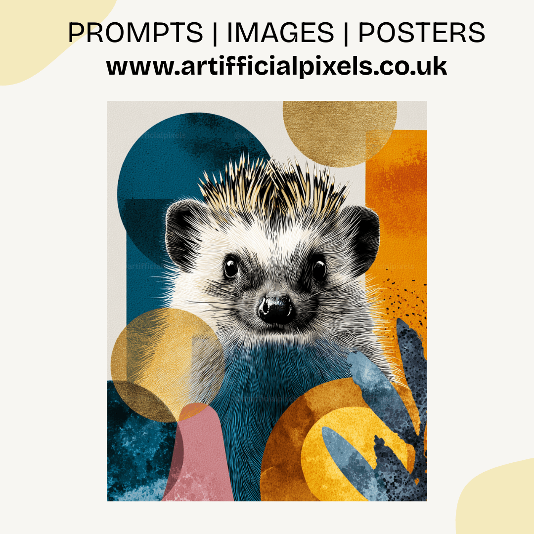 Minimalist hedgehog portrait with watercolor and pop art elements generated from Midjourney AI prompt for digital art