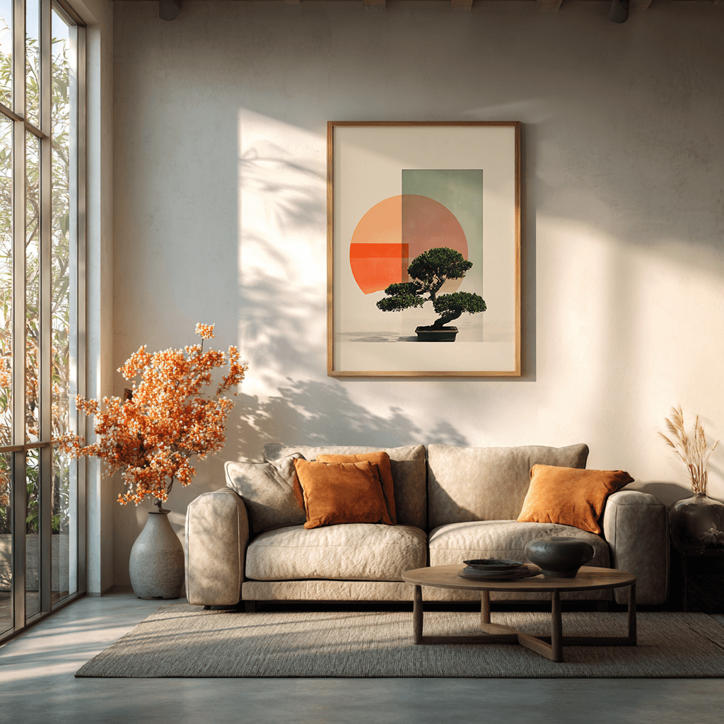 Minimalist Japanese bonsai poster print displayed in contemporary living room setting with modern furniture and neutral color palette