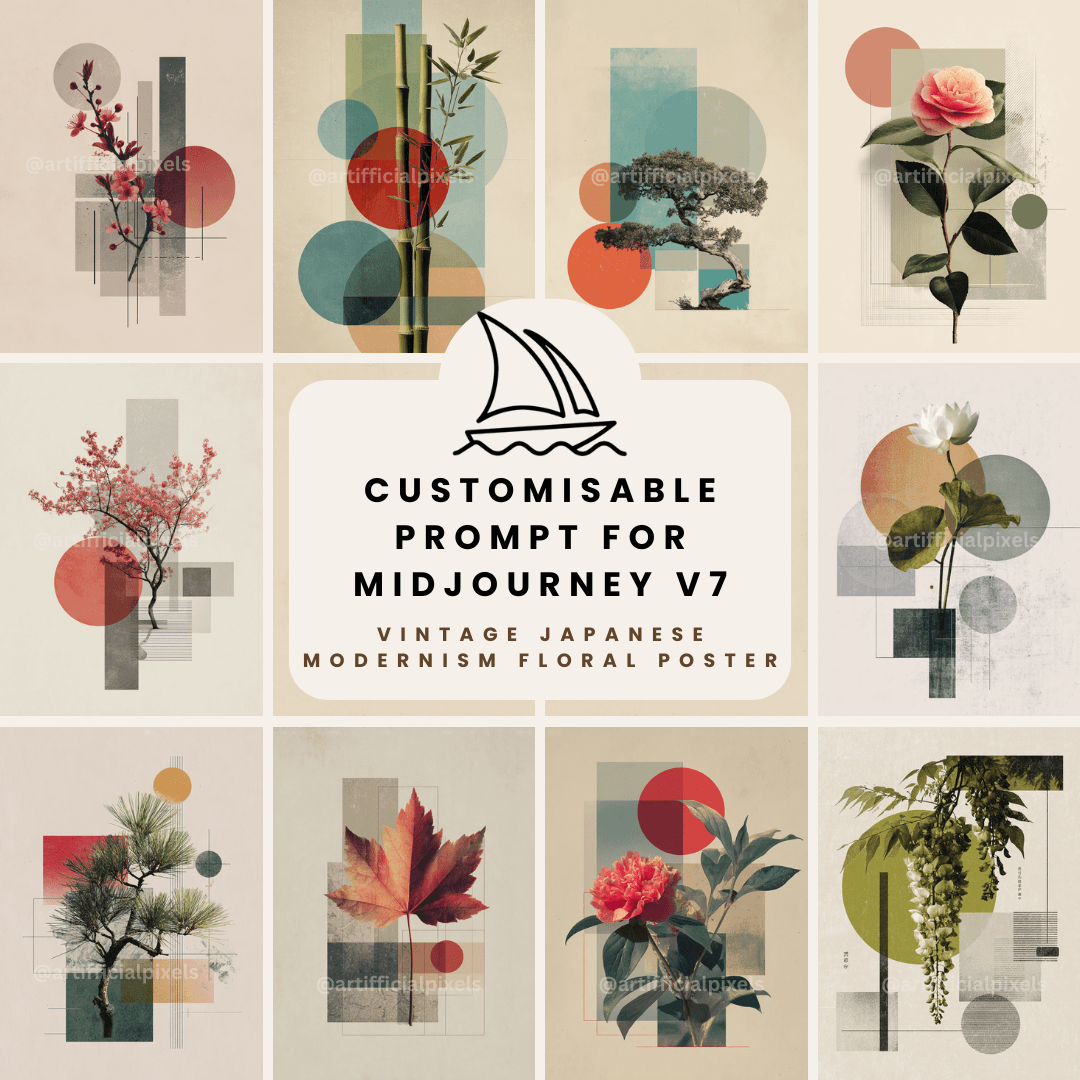 Minimalist Japanese geometric botanical art Midjourney prompt pack for creating stunning poster designs