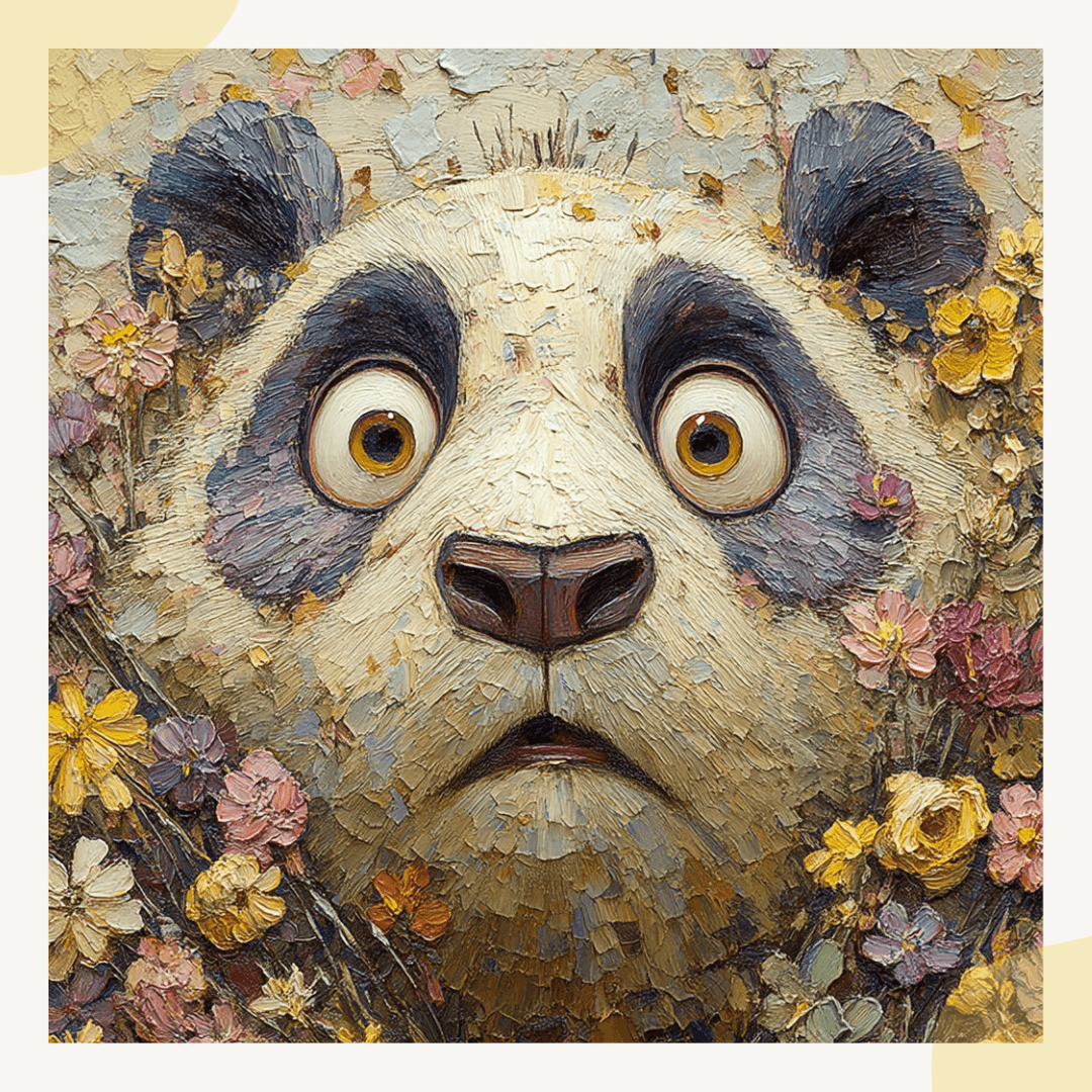 Panda face surrounded by flowers in a textured style