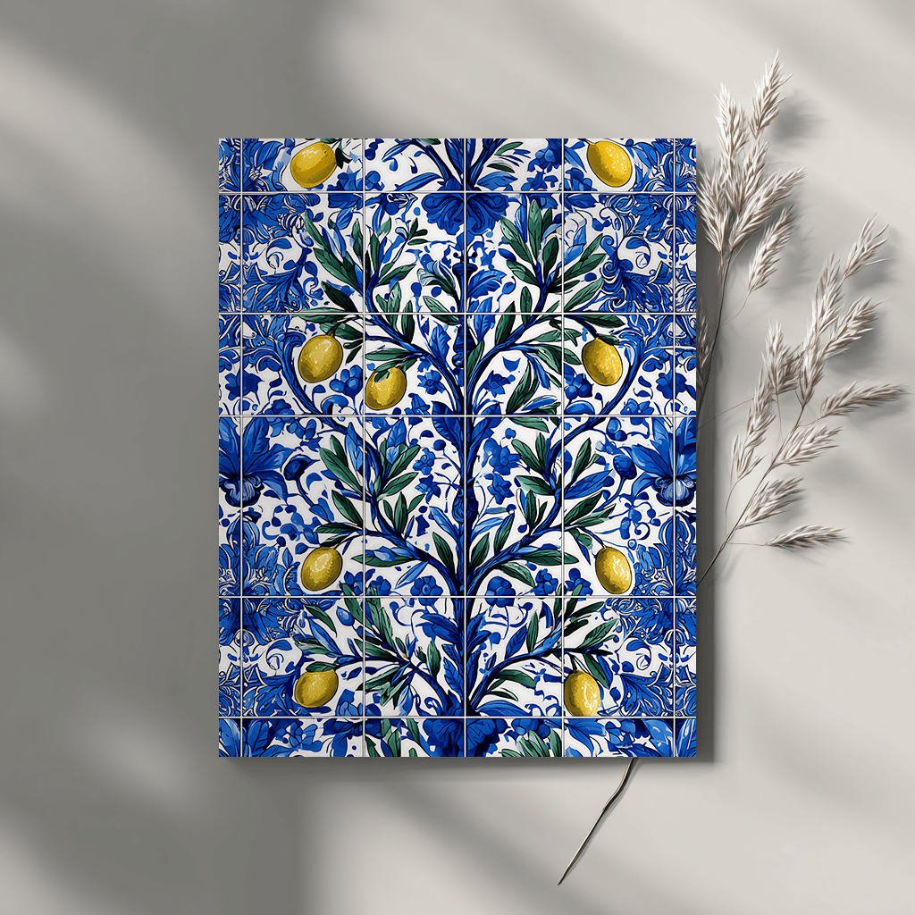Olive branch azulejo poster print on neutral grey background