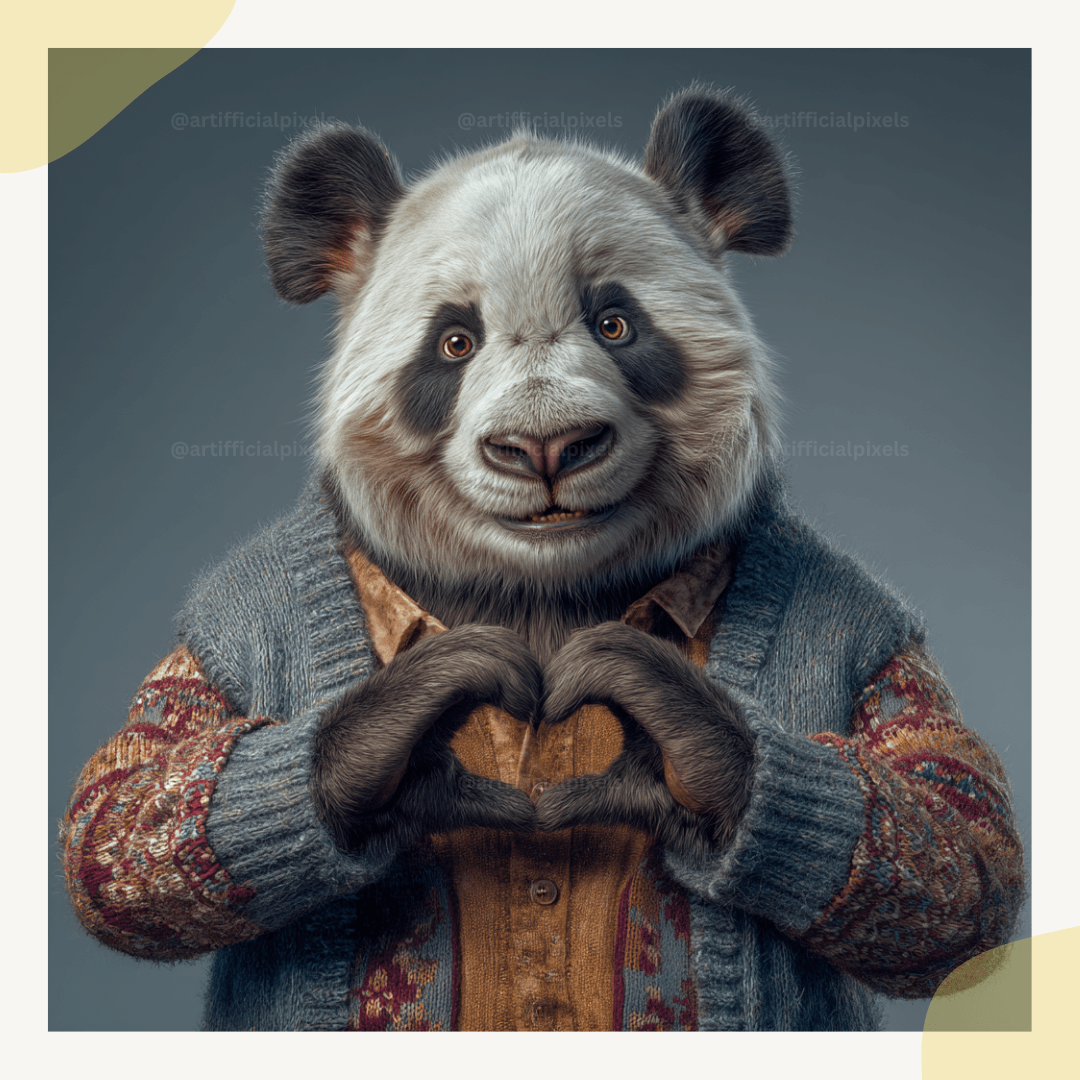 Panda bear wearing a sweater and vest, making a heart shape with its paws on a gray background