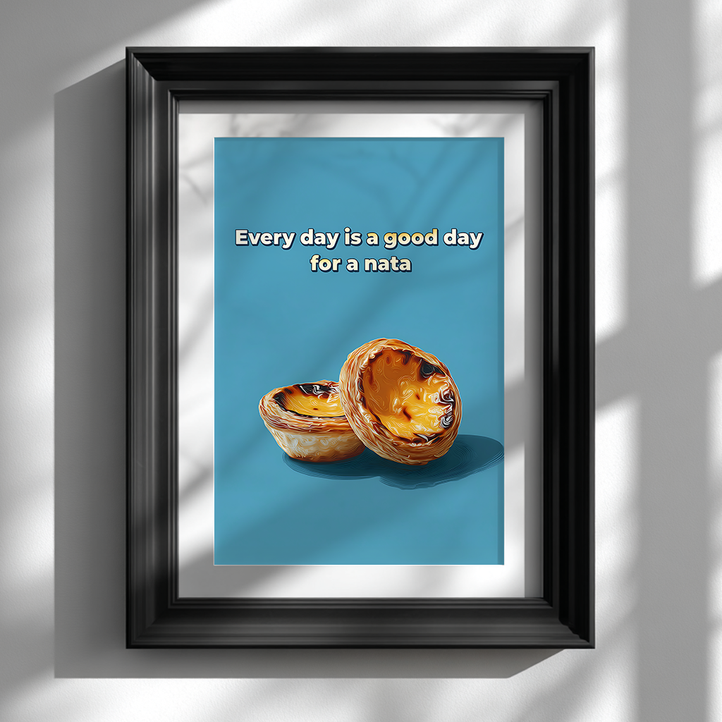 Portuguese custard tart poster in a black frame on a white wall, modern bakery kitchen wall art mockup.