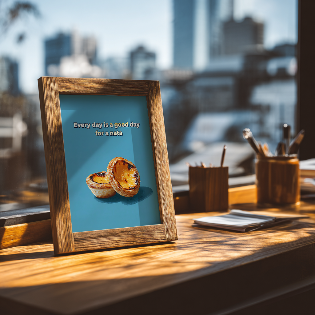 Portuguese custard tart poster on a wooden desk at an angle, bright and quirky kitchen or cafe wall art mockup.