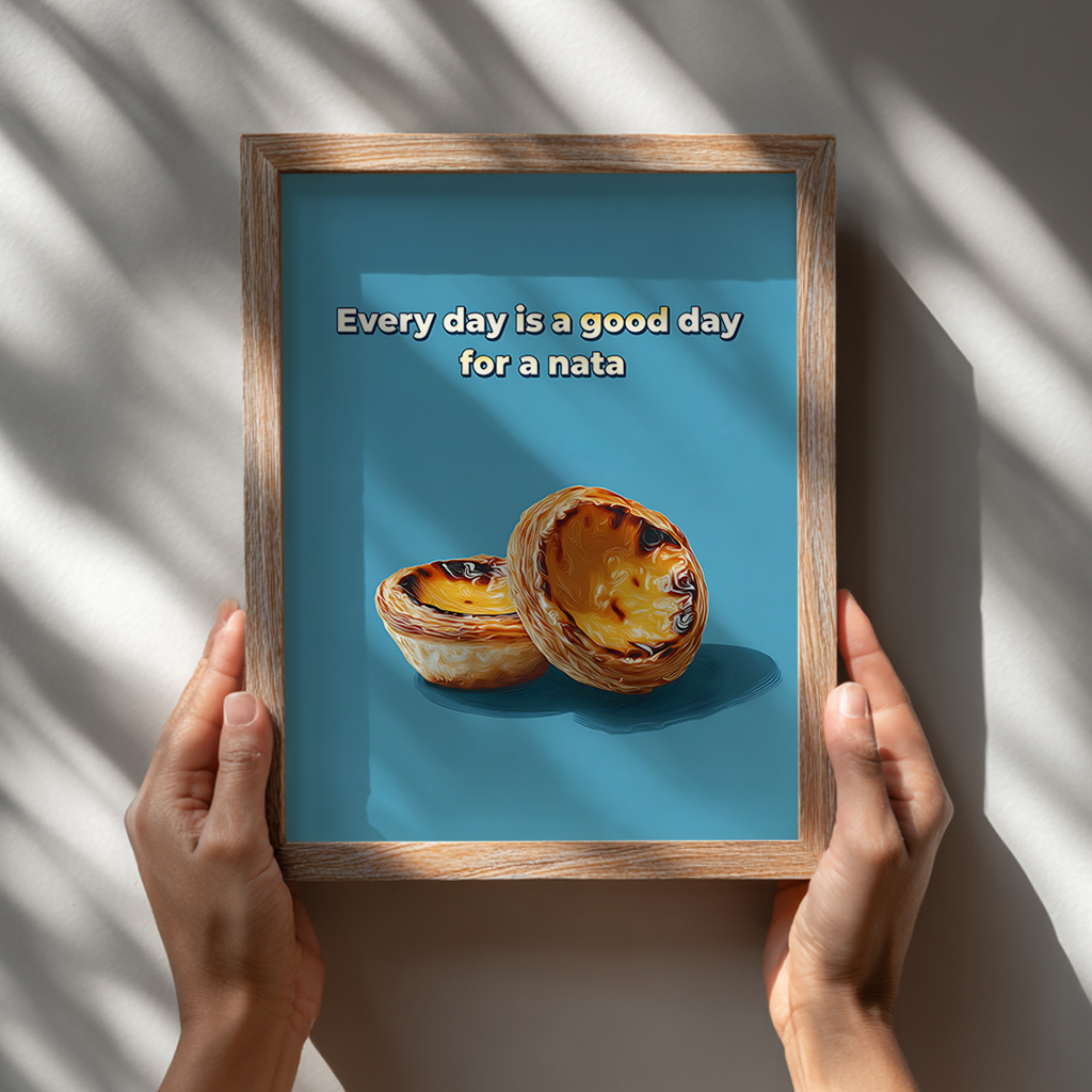 Food art print of pastel de nata custard tarts in a wooden frame, handheld front view, quirky kitchen wall poster mockup.