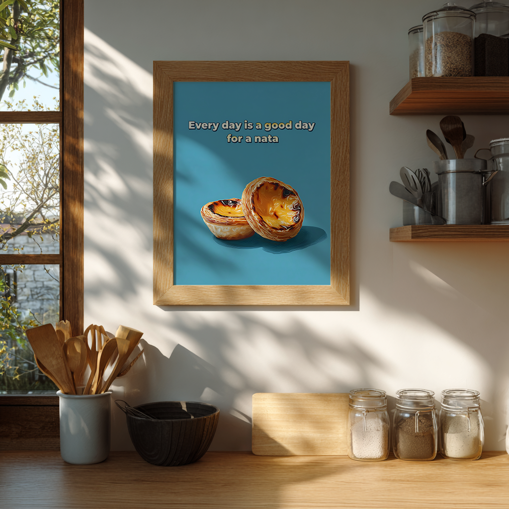 Portuguese pastel de nata poster styled in a minimalist kitchen with natural decor, modern foodie wall art mockup.
