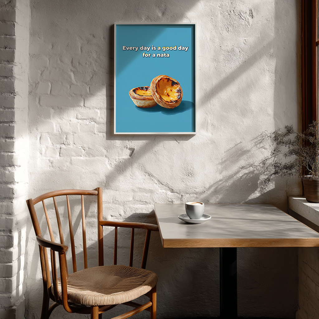 Pastel de nata poster hanging in a Scandinavian cafe interior with natural wood and neutral tones, bakery wall art mockup.