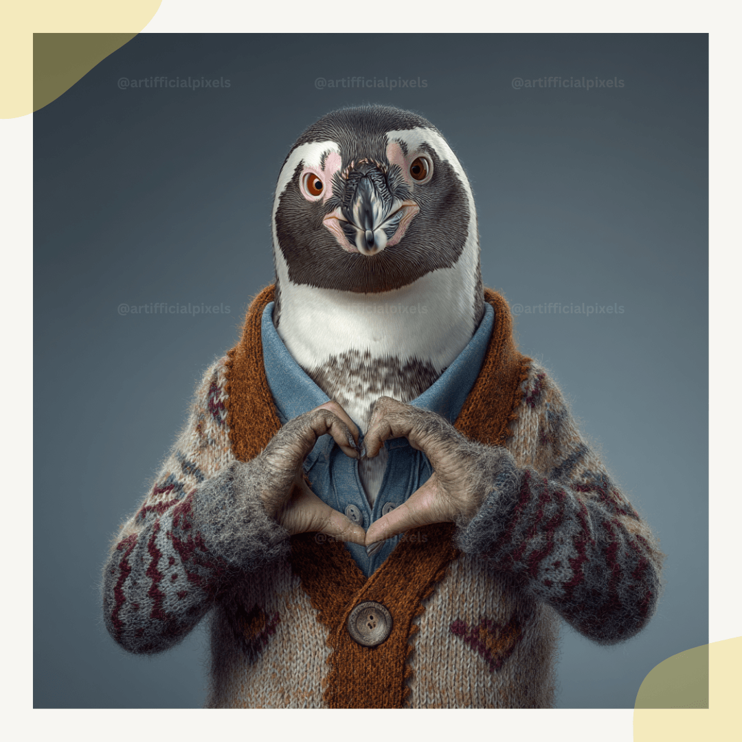 Penguin wearing a sweater making a heart shape with its hands against a gray background