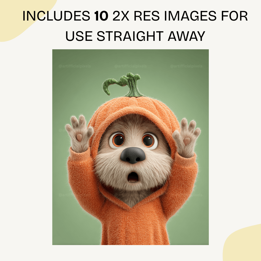 Cute Pixar-style dog in pumpkin costume with big surprised eyes, perfect for Halloween digital art and print-on-demand products