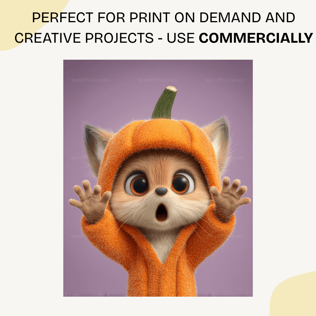 Charming Pixar-style fox wearing pumpkin costume with vibrant colours, created with editable Midjourney prompt template