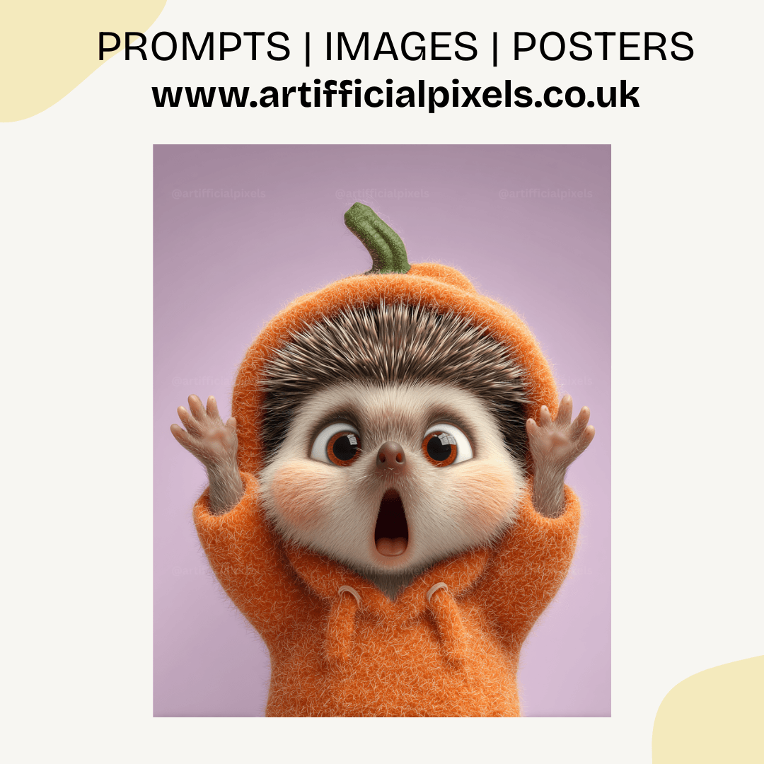 Adorable Pixar-style hedgehog wearing pumpkin costume, perfect for Etsy shop owners and social media content creators