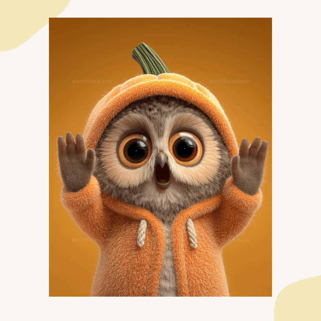 Charming Pixar-style owl wearing orange pumpkin costume, perfect for print-on-demand products and digital art projects