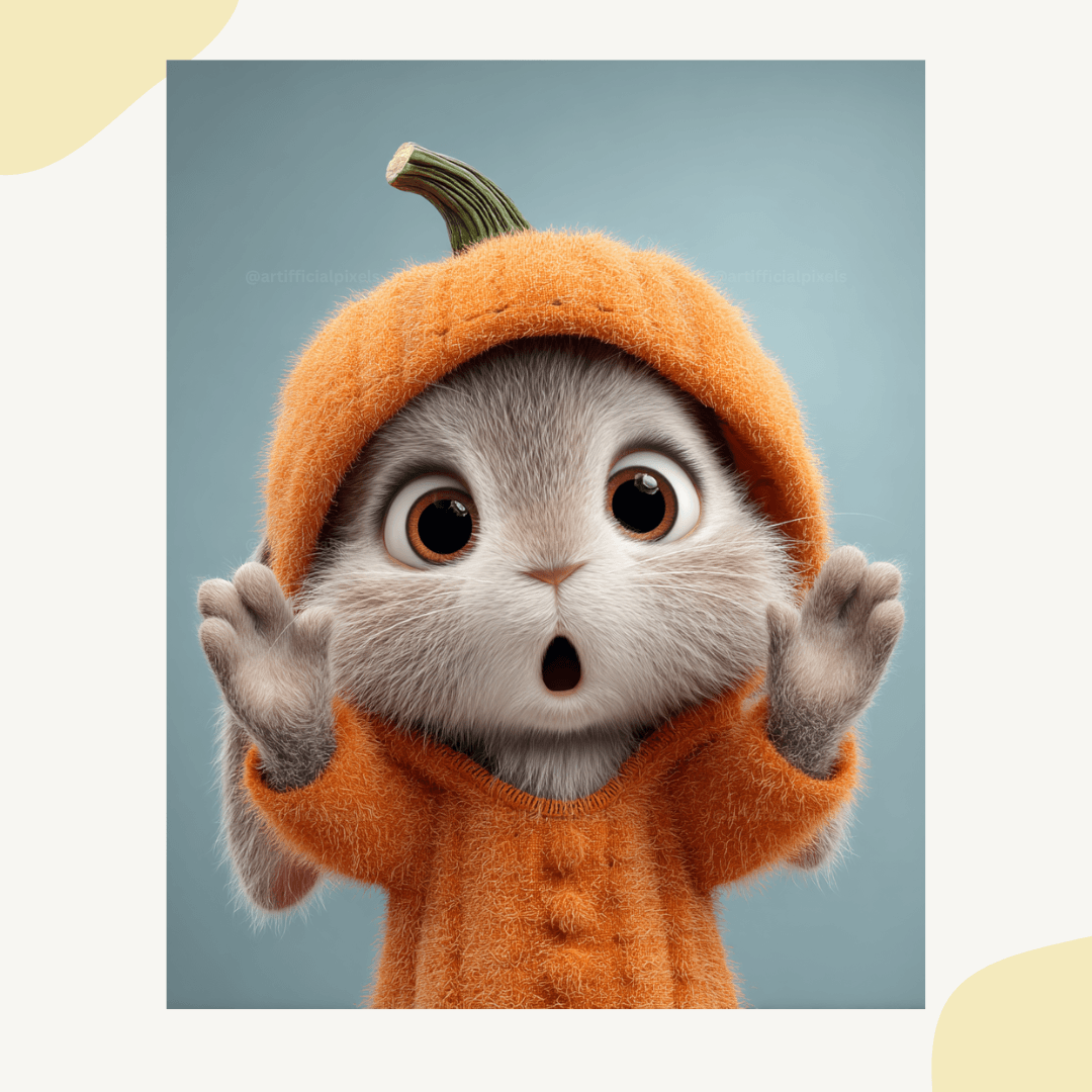 Adorable Pixar-style rabbit wearing pumpkin costume with surprised expression, perfect for Halloween kids party invitations