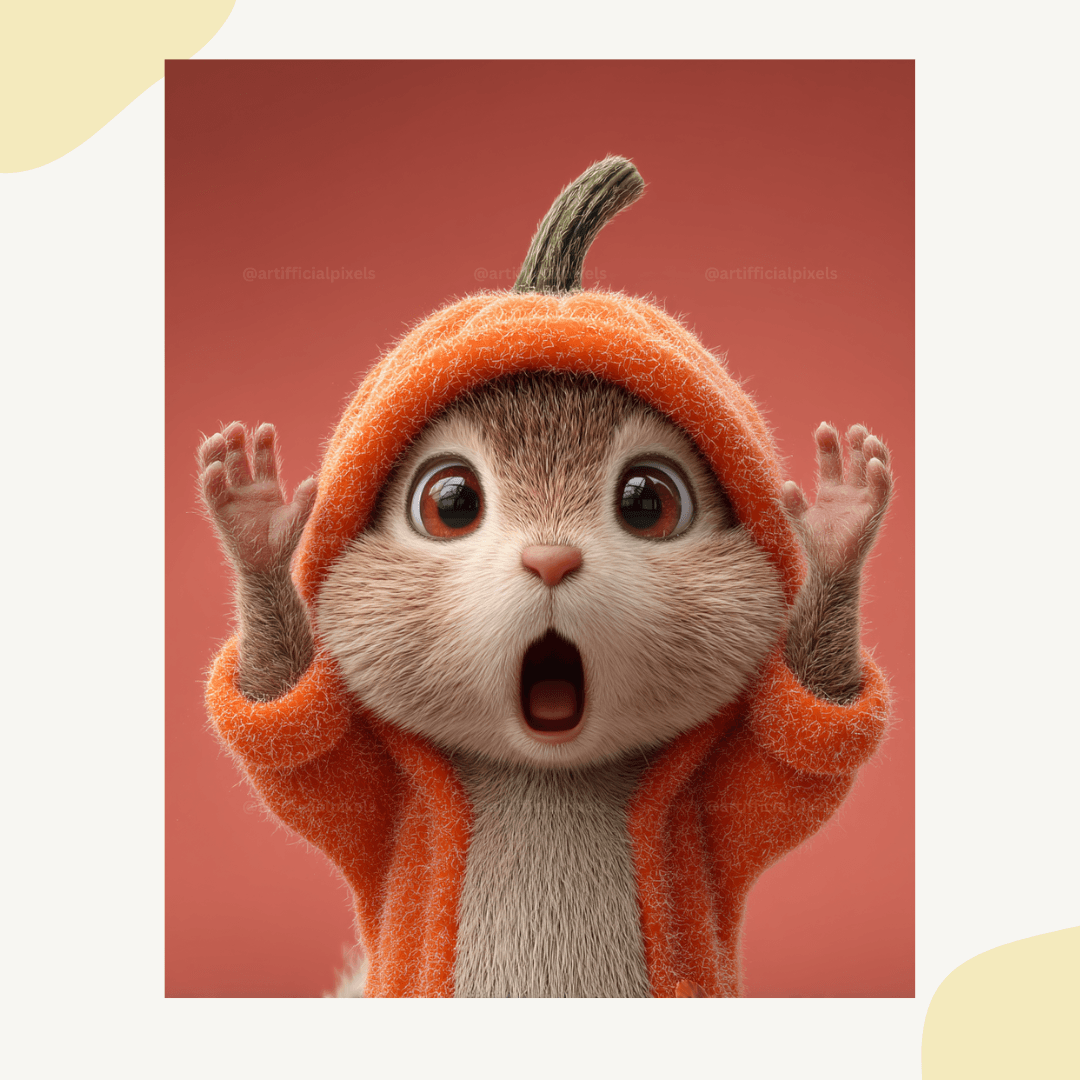 Cute Pixar-style squirrel wearing orange pumpkin costume with surprised expression, perfect for customizable Halloween AI art and digital projects