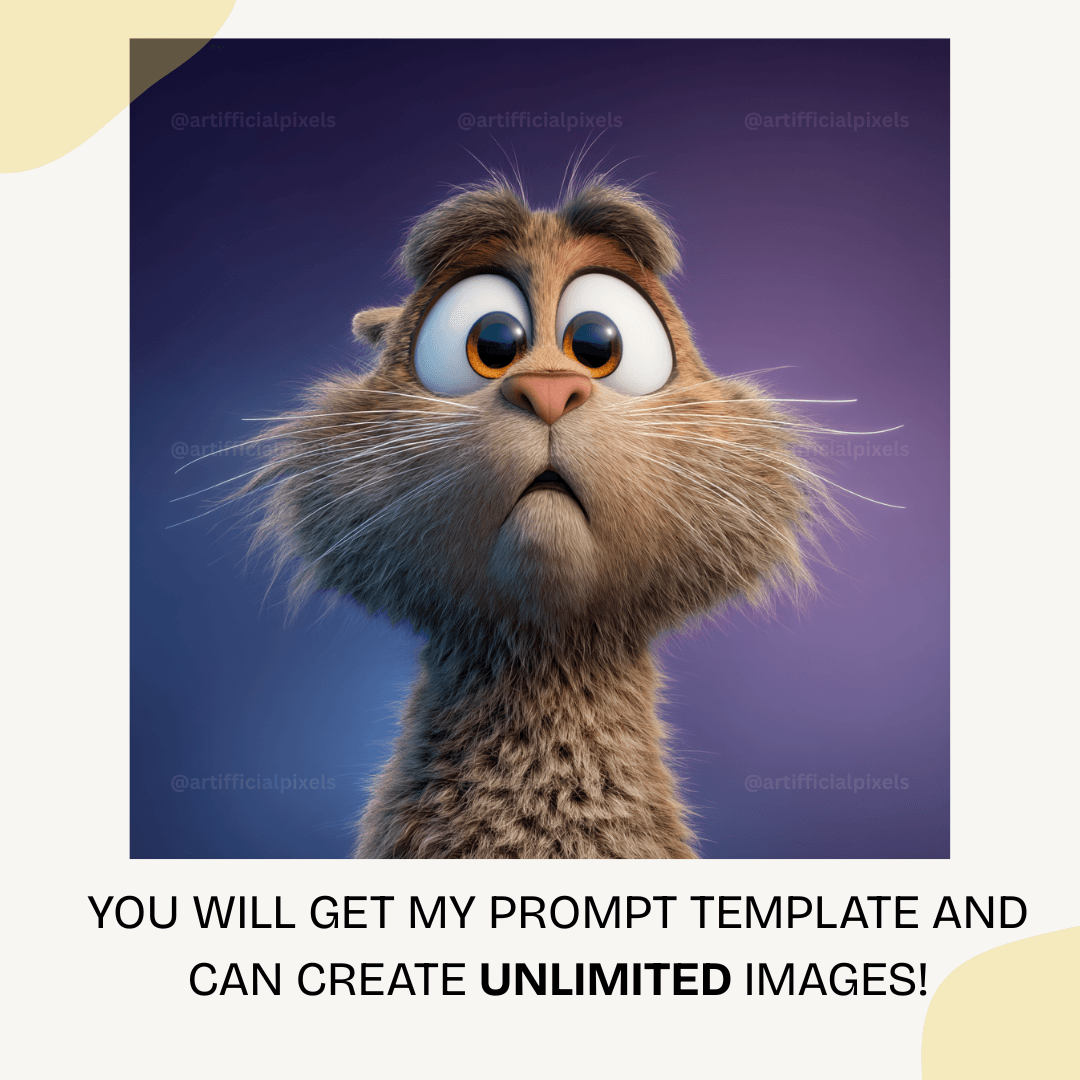 Pixar style 3D cat portrait with big expressive eyes and cinematic purple-blue gradient background.