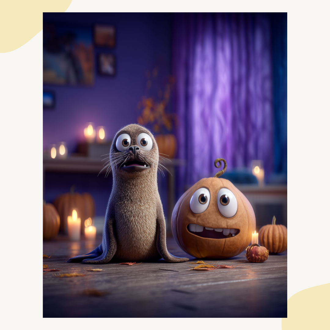 Example artwork from Pixar-style digital image bundle with cute animals and expressive pumpkins for wall art.