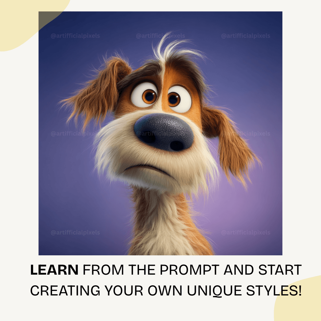 Pixar style 3D dog portrait featuring playful close-up with expressive eyes and detailed fur.