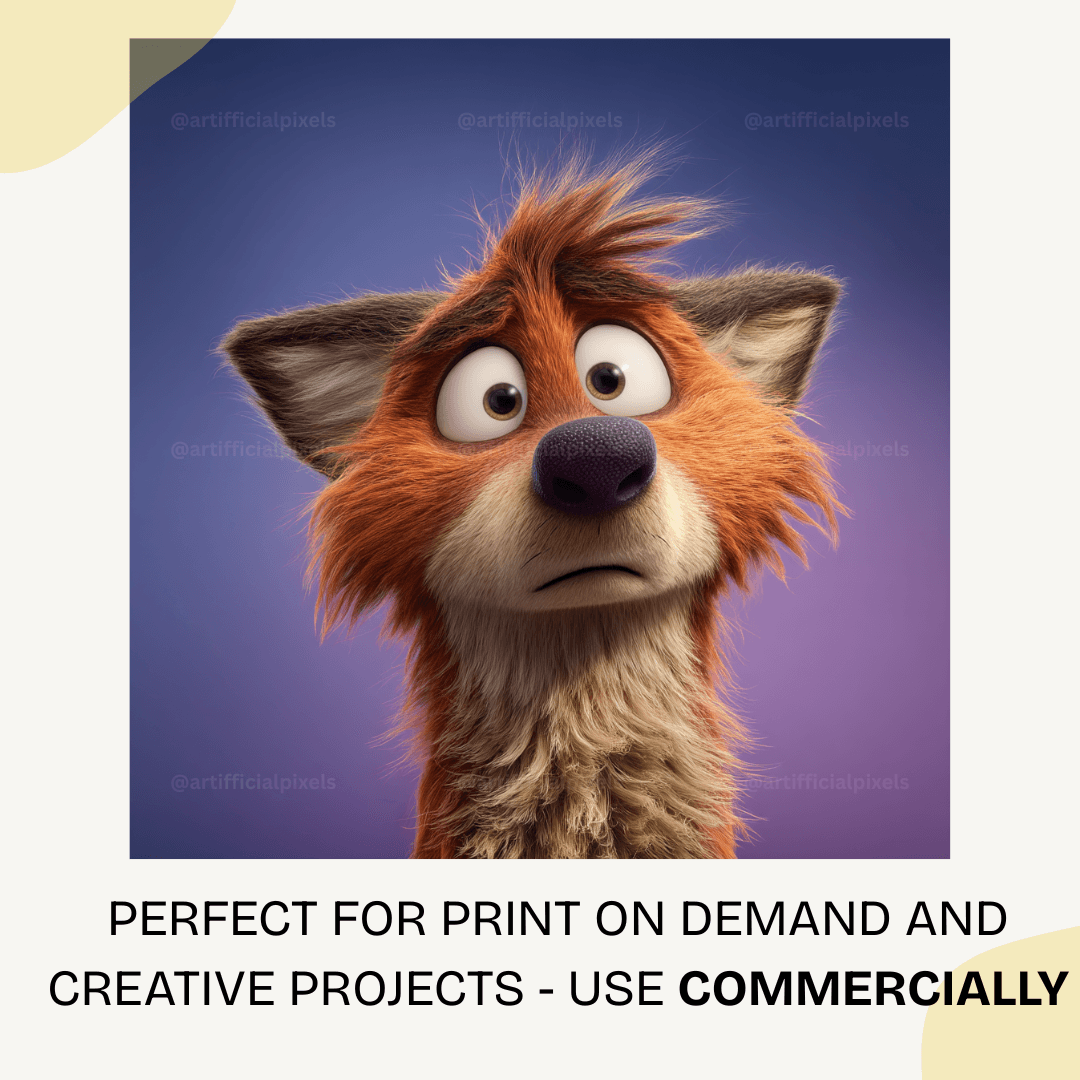 Pixar style 3D fox portrait with oversized eyes, soft fur, and whimsical animated look.