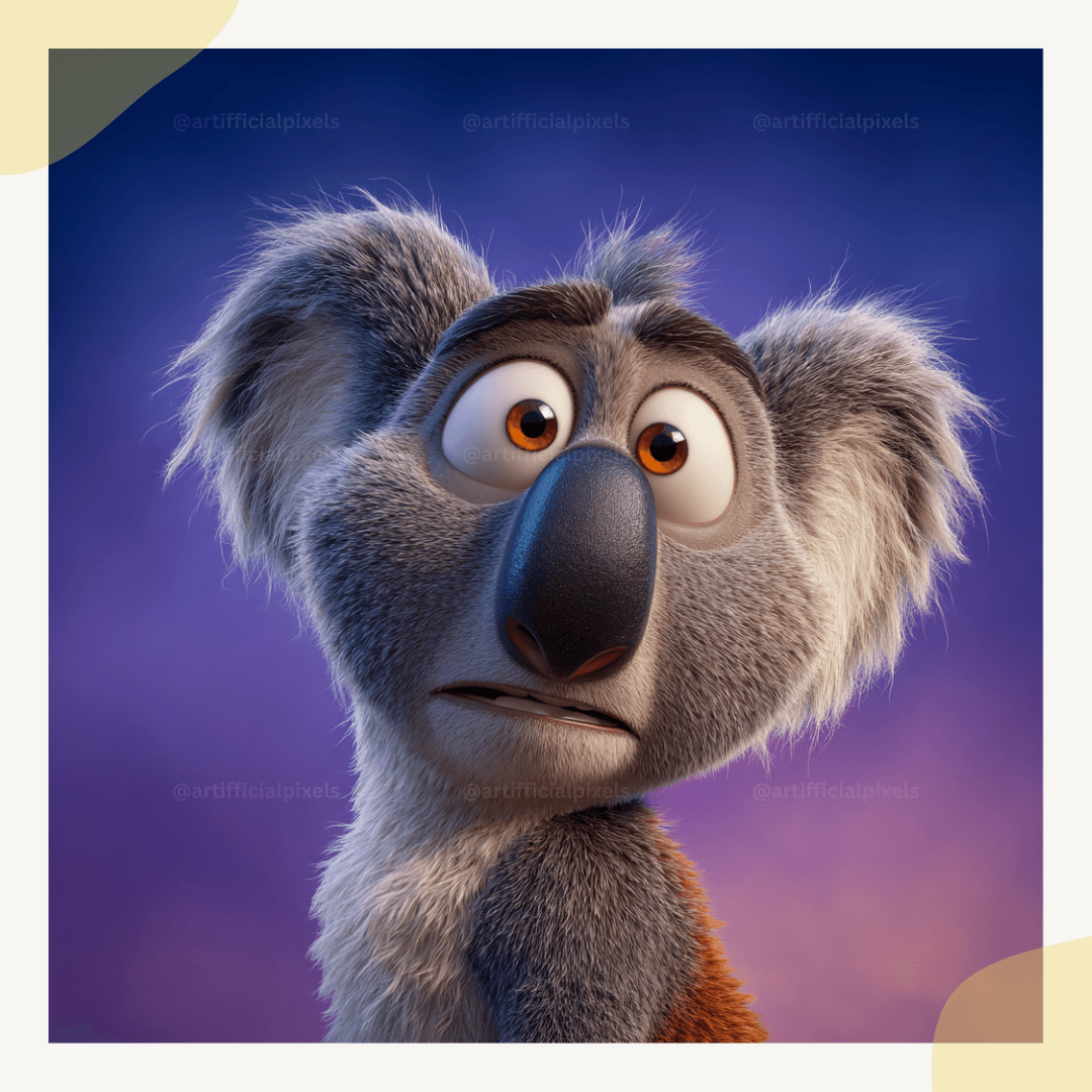Pixar style 3D koala portrait featuring vibrant fur texture and playful expression.