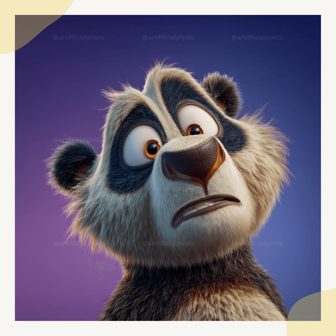 Pixar style 3D panda portrait close-up with playful expression and animated charm.