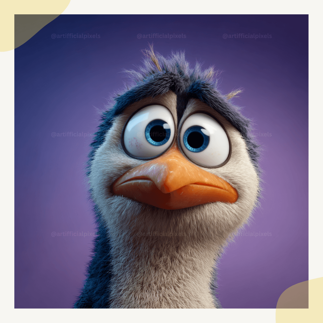 Pixar style 3D penguin portrait with expressive eyes and whimsical Pixar inspired aesthetic.
