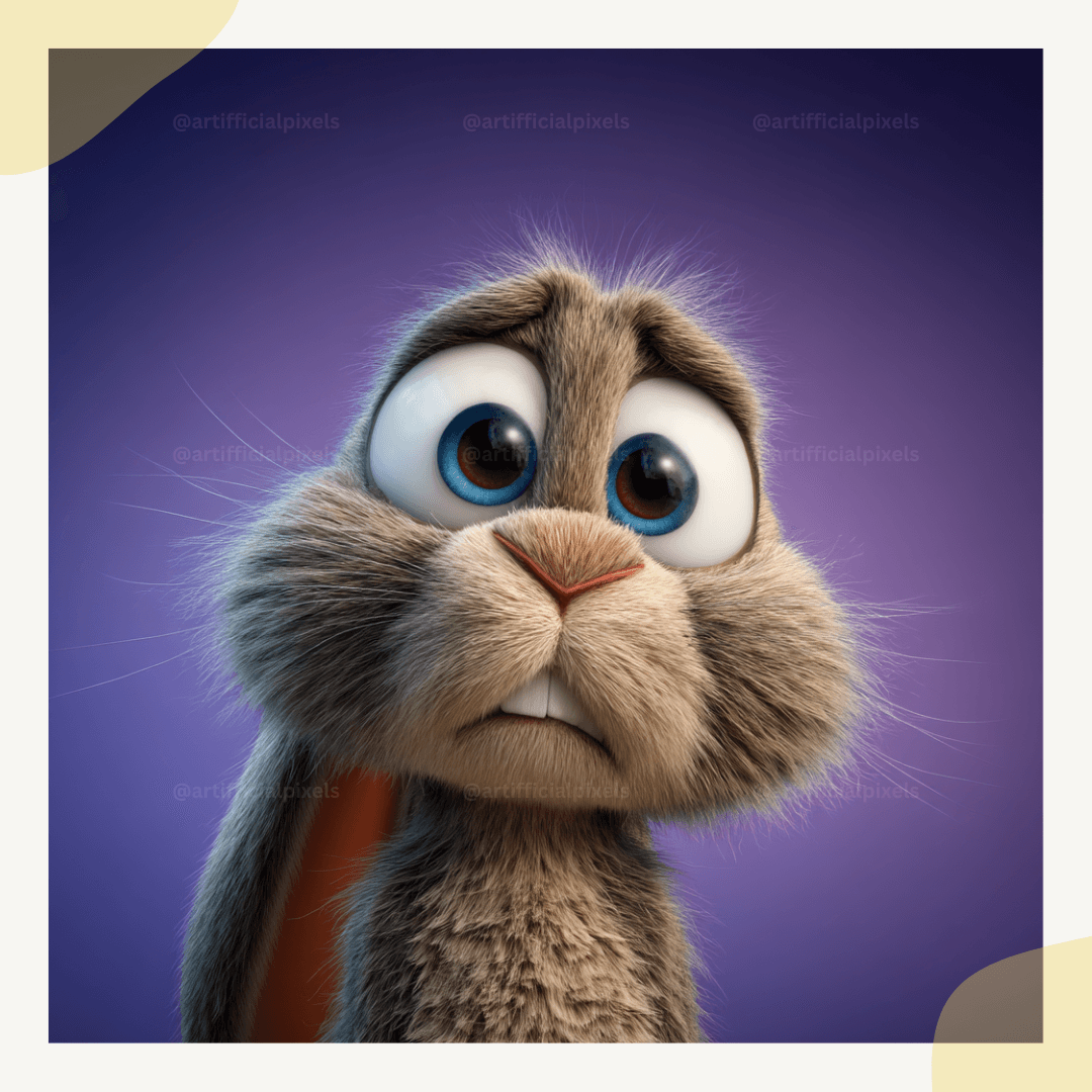 Pixar style 3D rabbit portrait with large round eyes, soft fur detail, and cinematic lighting.