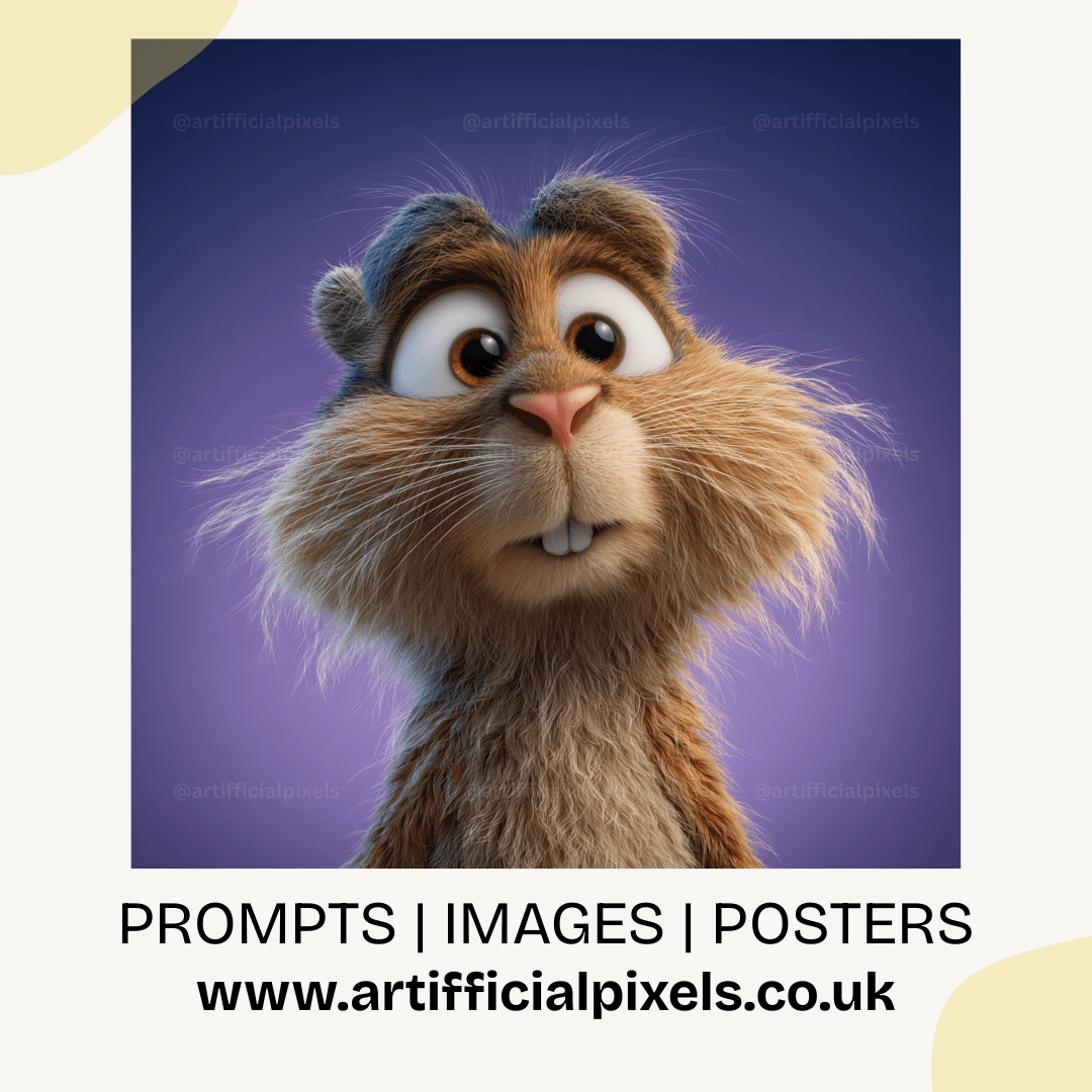 Pixar style 3D squirrel portrait with whimsical expression, soft detailed fur, and vibrant colours.