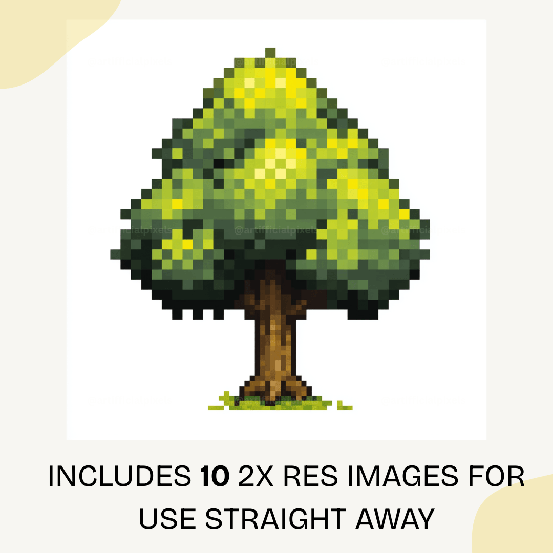 Retro pixel art tree icon created with midjourney prompt featuring classic 8-bit style and vibrant green colours for digital art projects