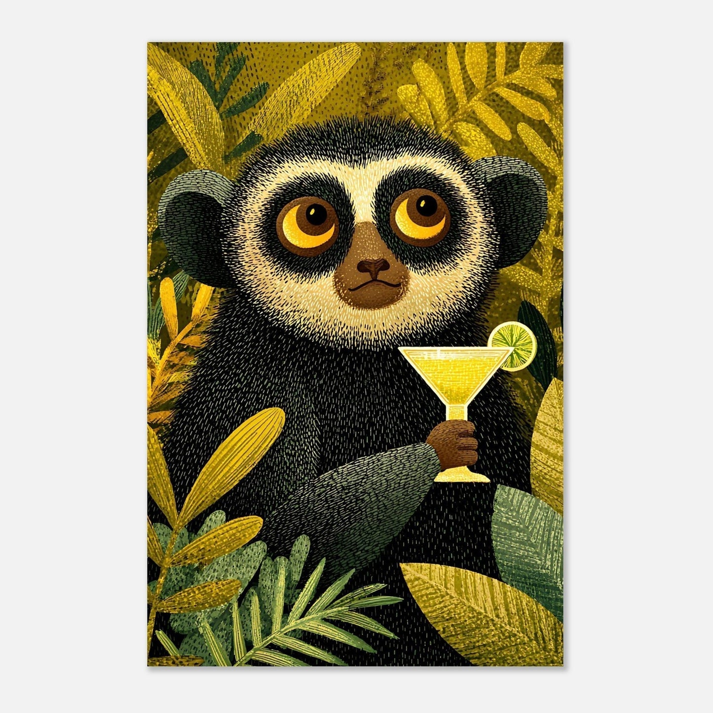 AI artwork poster of playful lemur holding cocktail in vibrant tropical jungle scene