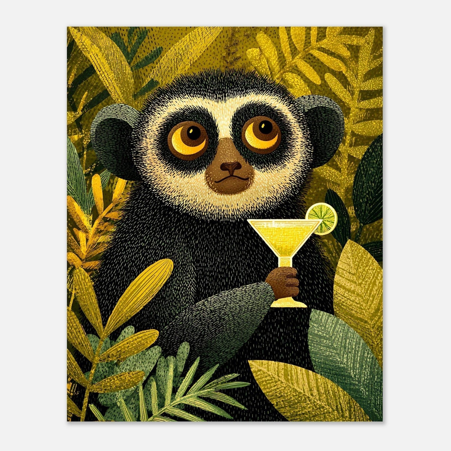 Original AI digital artwork featuring adorable lemur holding margarita in tropical jungle setting