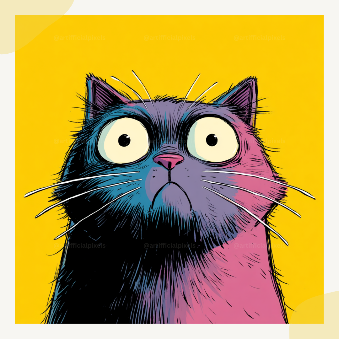 Pop art cat portrait with exaggerated features and vibrant colours generated using Midjourney AI prompt template