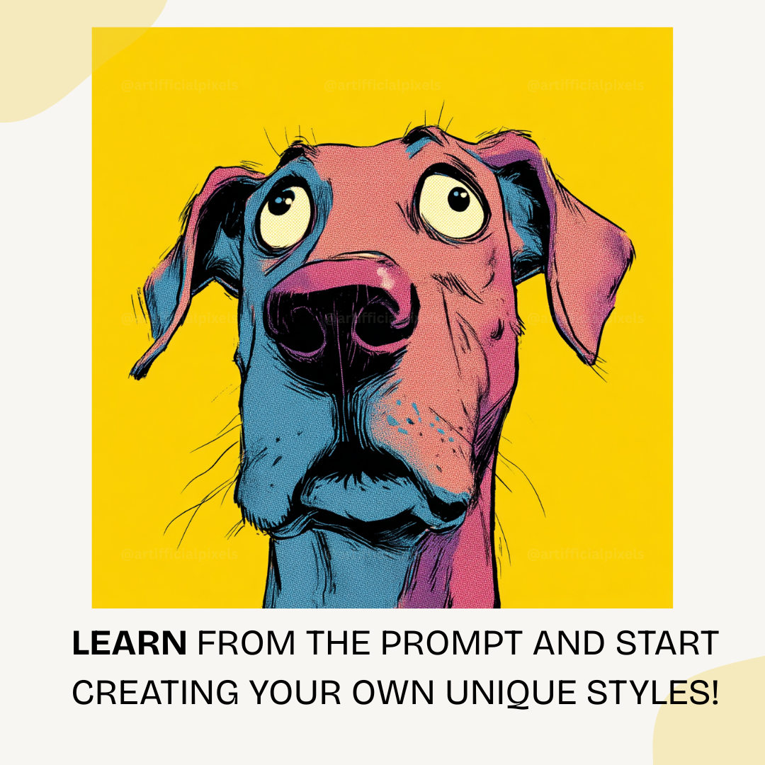 Pop art dog portrait with exaggerated facial features and vibrant yellow background from Midjourney AI prompt