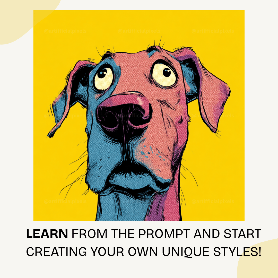 Pop art dog portrait with exaggerated facial features and vibrant yellow background from Midjourney AI prompt