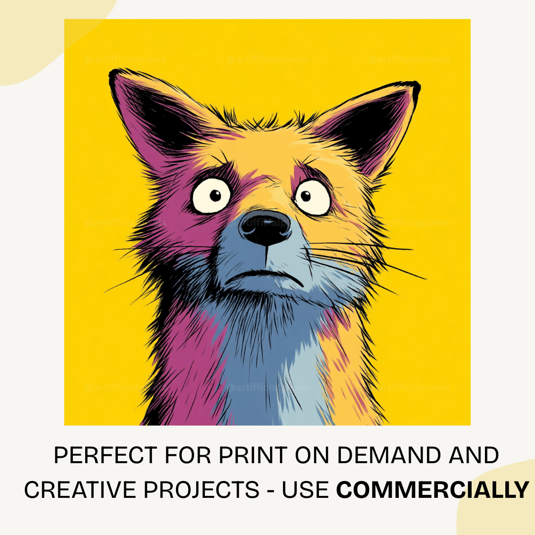 Pop art fox portrait with bold stylized features and bright colours created using Midjourney AI prompt template