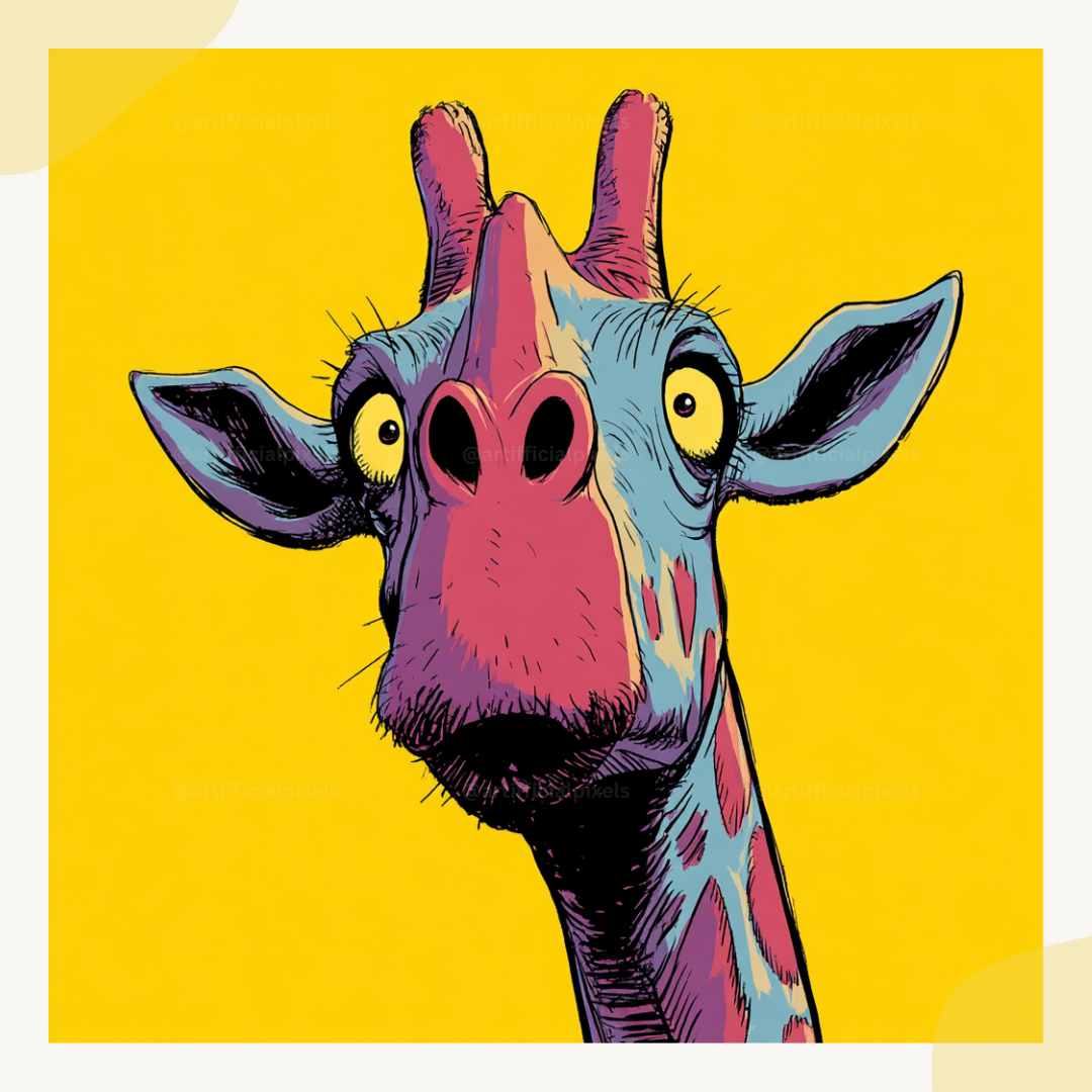 Pop art giraffe portrait with stylized features and bright colours created using Midjourney AI prompt bundle