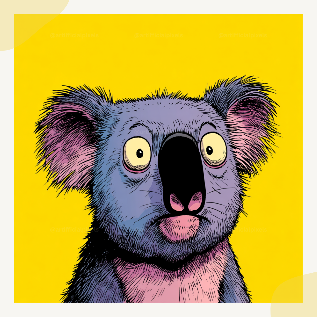 Pop art koala portrait with exaggerated facial features and vibrant yellow background from Midjourney AI prompt