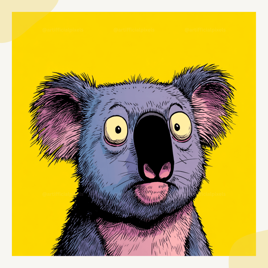 Pop art koala portrait with exaggerated facial features and vibrant yellow background from Midjourney AI prompt