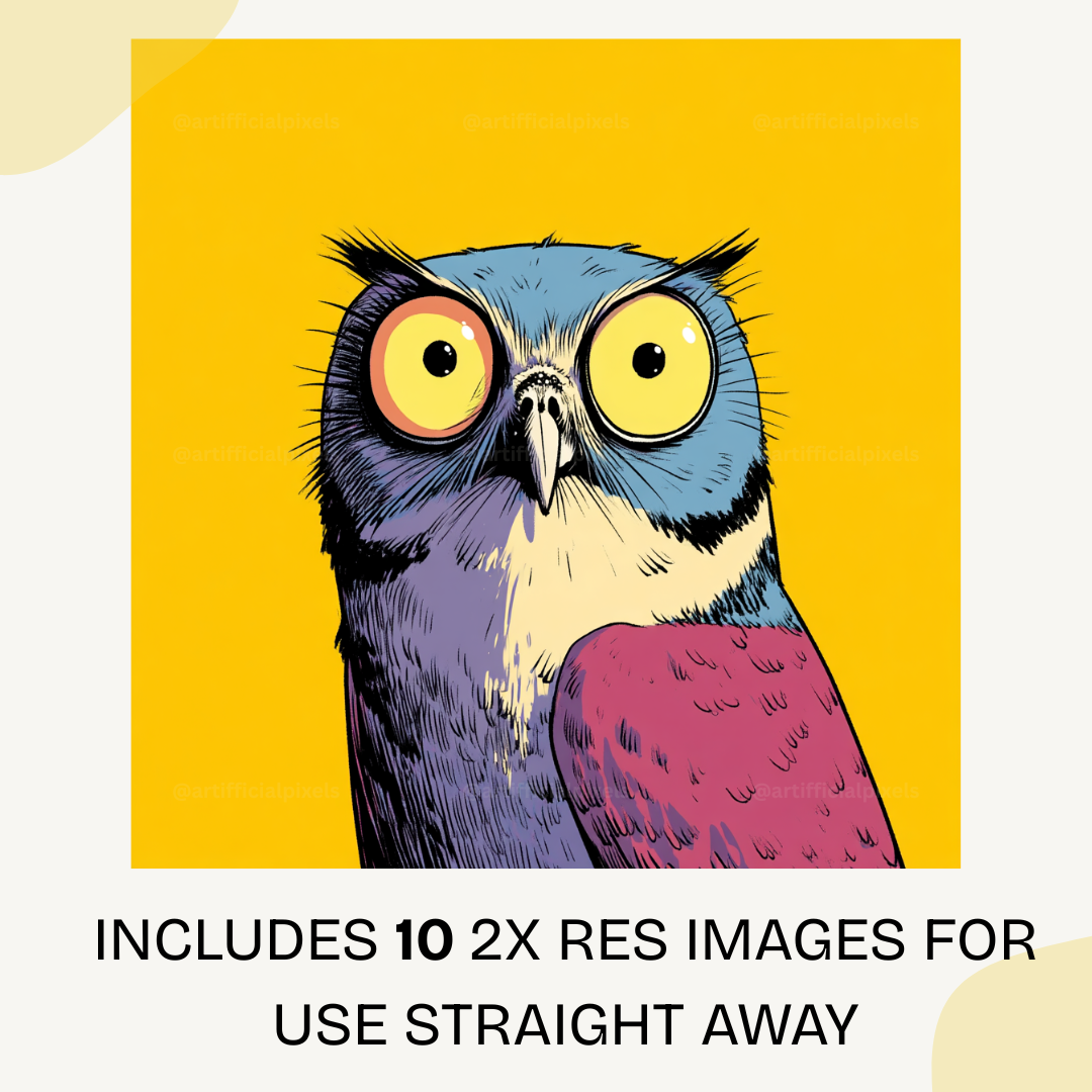 Pop art owl portrait with bold colours and stylized features generated using Midjourney AI art prompt