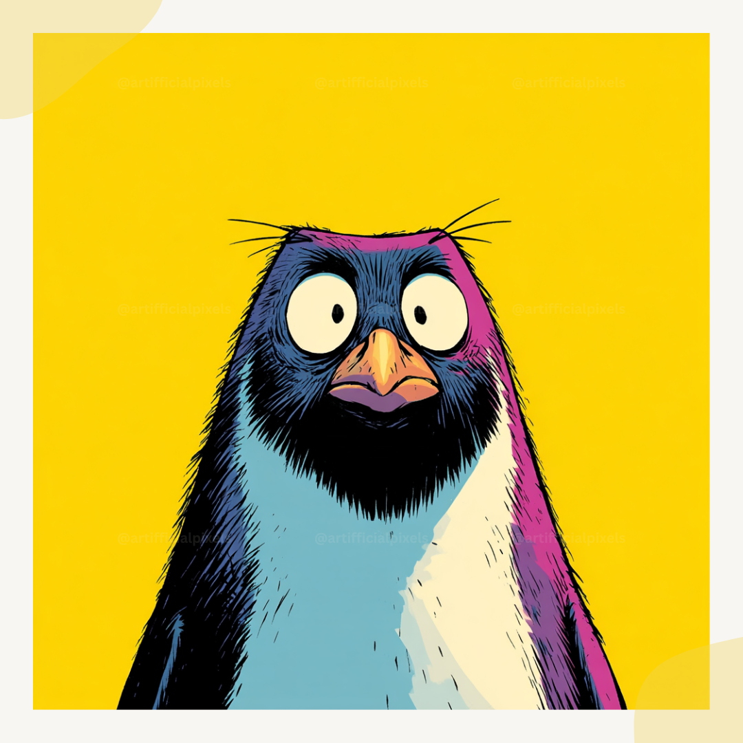 Pop art penguin portrait with bold features and bright yellow background created from Midjourney AI prompt bundle