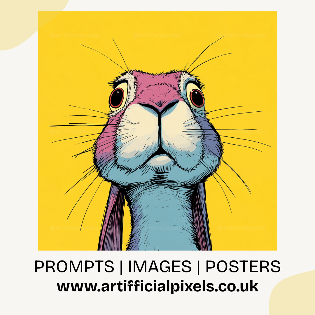 Pop art rabbit portrait with exaggerated features and yellow background generated from Midjourney AI art prompt