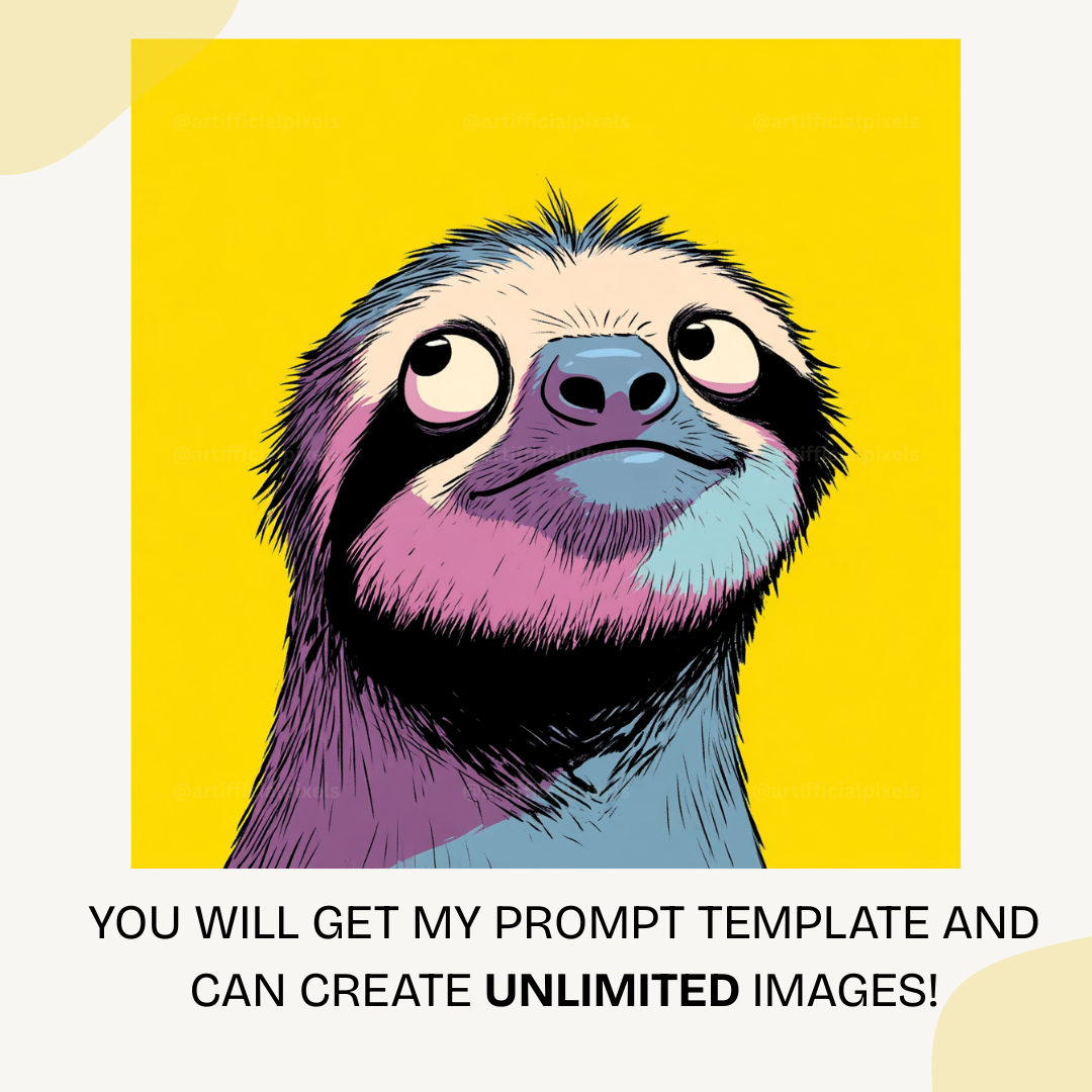 Pop art sloth portrait with exaggerated features and bright yellow background created using Midjourney AI prompt