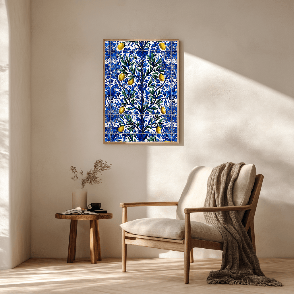Portuguese azulejo olive branch poster in cozy reading nook interior