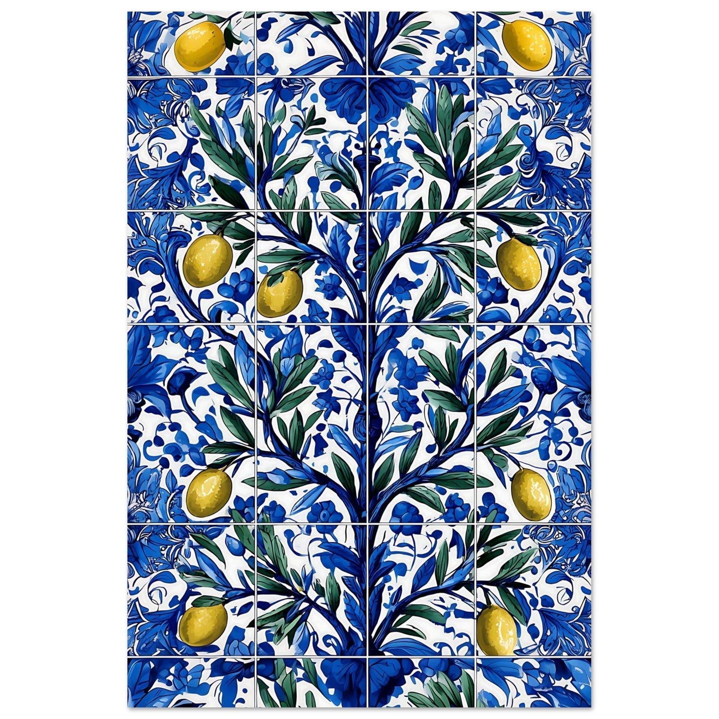 Portuguese ceramic tile inspired wall poster with intricate floral patterns